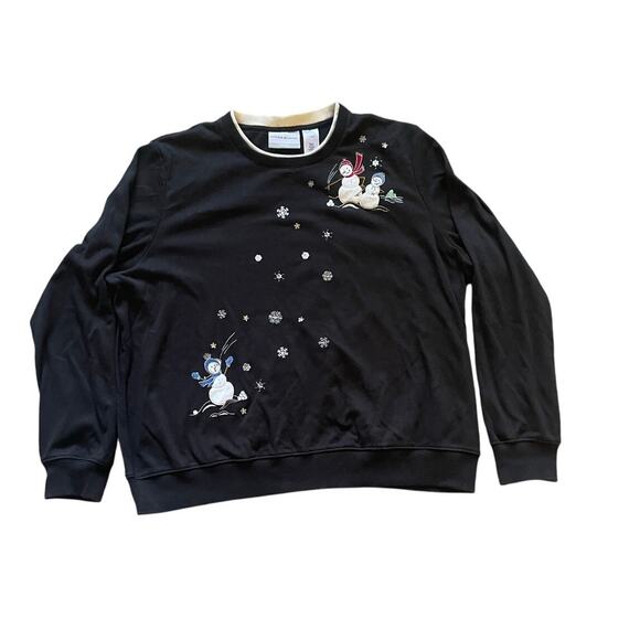 Alfred Dunner Petite Large Black Snowman Sweatshirt Sequin snowflakes - Picture 1 of 7